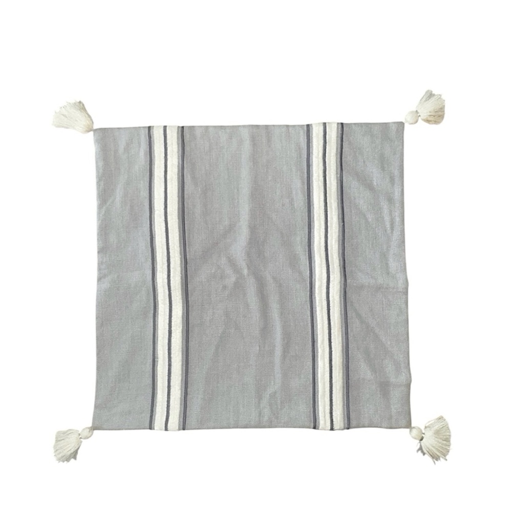 Serena & Lily Addie 100% Linen Stripe Tassel Smoke Grey Pillow Cover 22 x 22‎